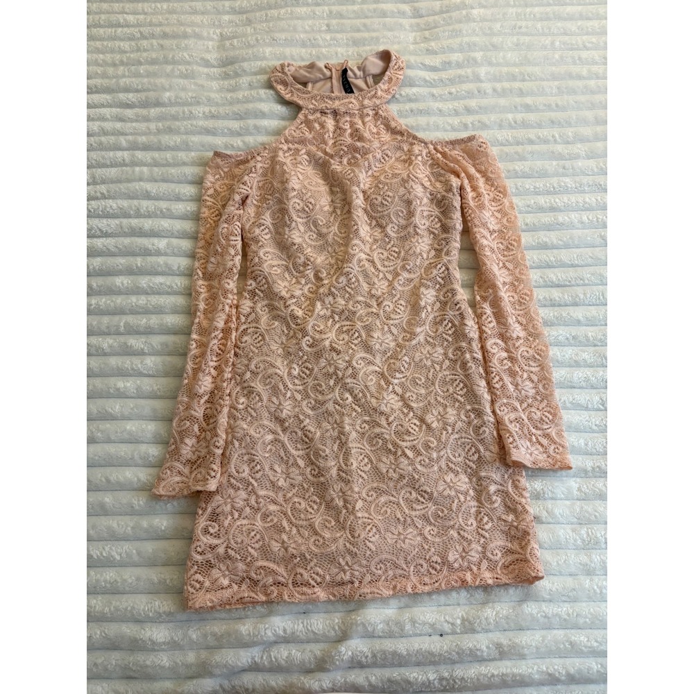 UK2LA Peach Pink Floral Lace Cold Shoulder Halter Neck Mini Dress Long Sleeve